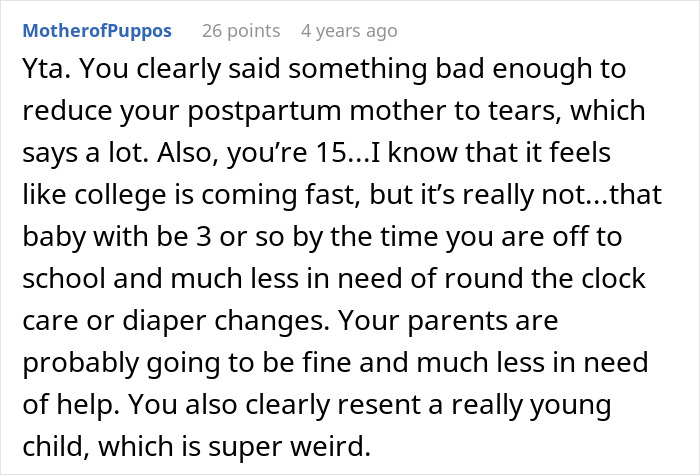 Reddit comment discussing teen refusing to be live-in babysitter for parents and family dynamics around childcare. - 37