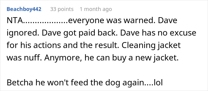 Text comment discussing a woman refusing to replace nephew&rsquo;s jacket ruined by dog&rsquo;s accident after he ignored warnings.