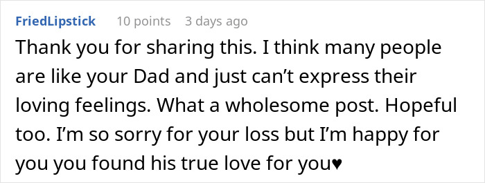 Comment about discovering true love in a storage unit left by dad, changing a daughter&rsquo;s view of him forever.