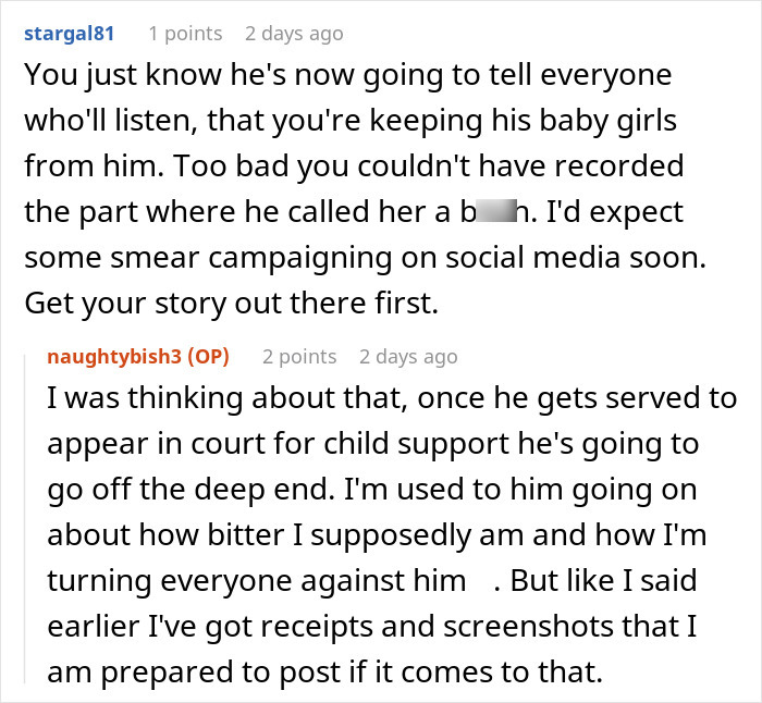 Screenshot of a Reddit conversation discussing a man facing legal consequences as a deadbeat dad over child support issues.