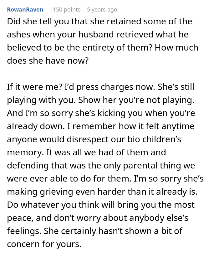 Comment discussing family drama involving an entitled grandma stealing grandson&rsquo;s ashes and the impact on grieving process.