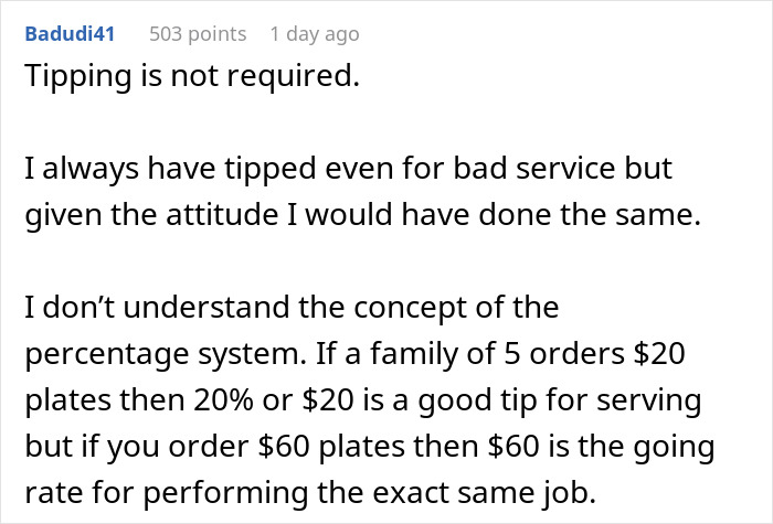 Comment discussing tipping culture and a man taking back his tip after a waitress shame incident.
