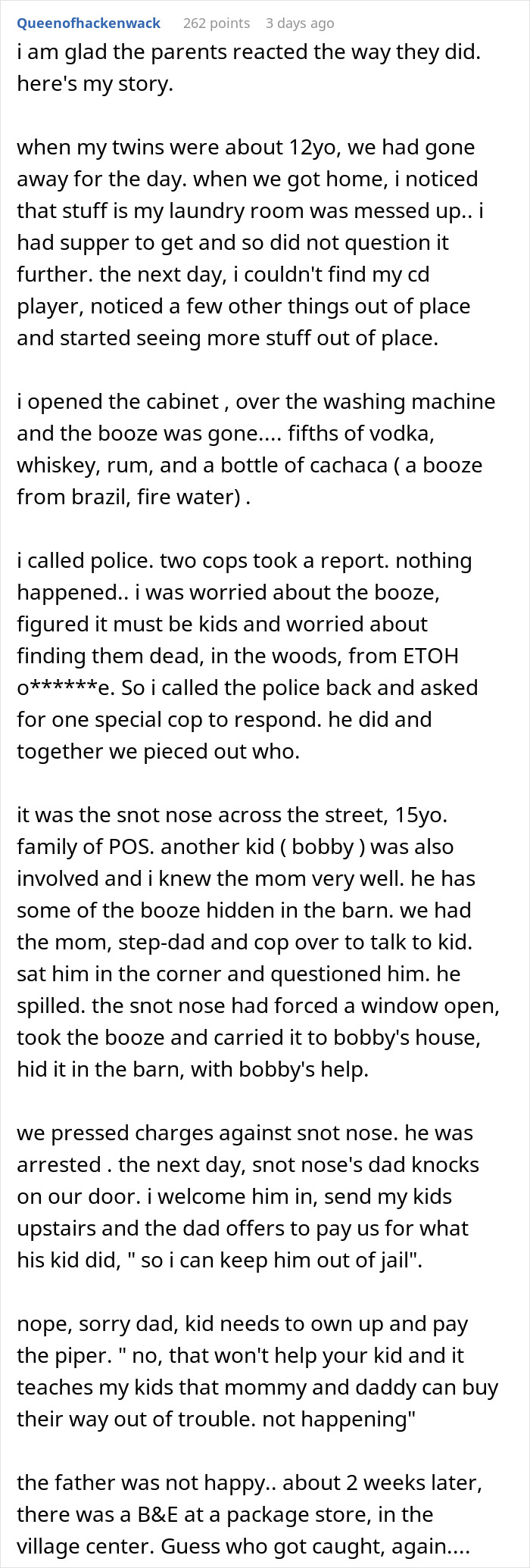 Forum post text describing a pregnant woman’s revenge after a friend’s guest steals from her home and the consequences that follow. - 86