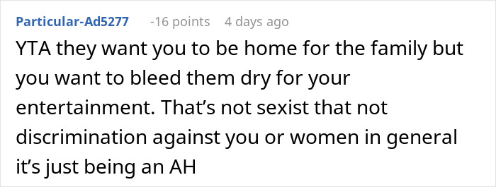 Screenshot of a Reddit comment debating in-laws demanding a woman quit her job as it’s emasculating their son. - 45