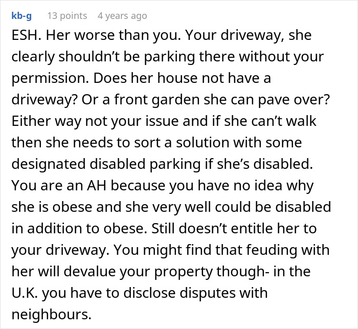 Comment discussing a disabled woman parking in neighbor&rsquo;s driveway without permission and the resulting dispute.