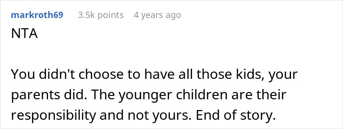 Reddit comment by user markroth69 stating being tired of babysitting 9 siblings and avoiding parents' demands. - 20