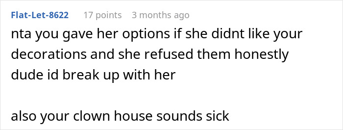 Screenshot of a Reddit comment discussing a guy with a huge clown collection whose girlfriend dislikes it. Screenshot of a Reddit comment discussing a guy with a huge clown collection whose girlfriend dislikes it.