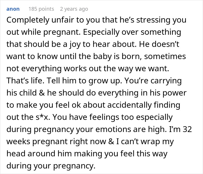 Comment expressing frustration over husband&rsquo;s reaction to wife possibly spoiling the gender of their baby during pregnancy.