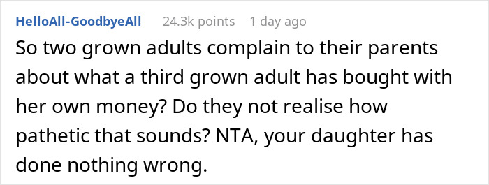 Screenshot of an online comment discussing a 21-year-old spending her money on a family vacation and causing jealousy.