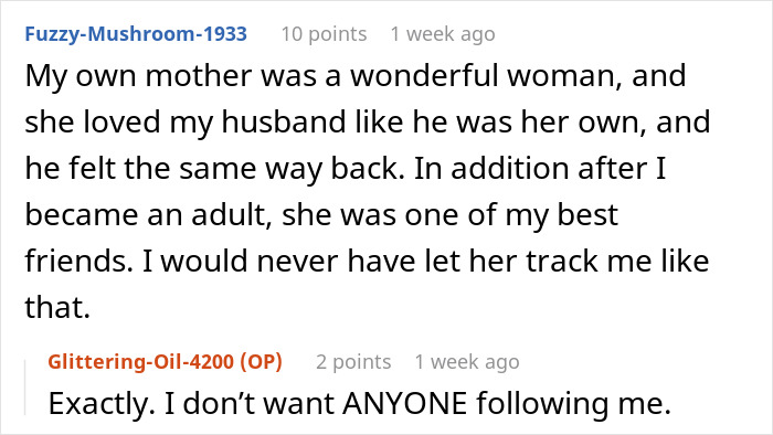 Comment conversation about tracking and privacy concerns related to family, mentioning mil-tracking-app-son.