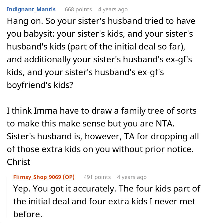 Reddit conversation explaining woman quits babysitting after brother-in-law brings unexpected kids needing free care. - 16
