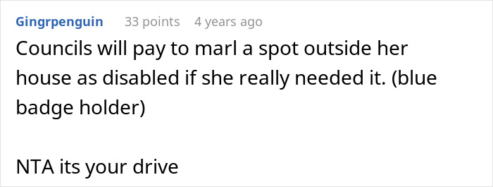 Comment discussing disabled woman&rsquo;s driveway rights and council parking provisions for blue badge holders.