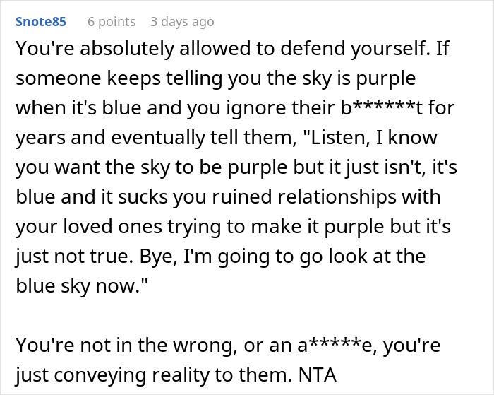 Comment defending self-worth after family conflict, highlighting relationship breakdown and blame in marriage and no-contact situations.