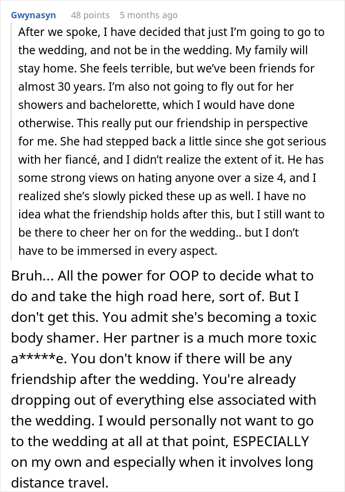 Text message conversation discussing a 30-year-old friendship strained after bride tells MOH bestie to lose weight before wedding. Text message conversation discussing a 30-year-old friendship strained after bride tells MOH bestie to lose weight before wedding.