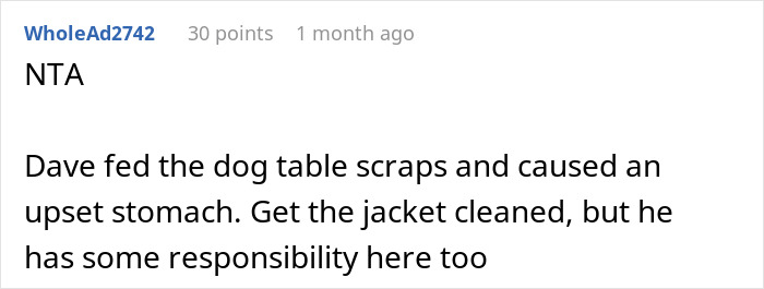 Screenshot of online comment about woman refusing to replace nephew&rsquo;s jacket ruined by dog&rsquo;s accident, mentioning responsibility.
