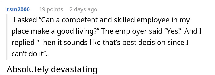 Screenshot of a user comment discussing an employee leaving after the company lowered his wage. - 23