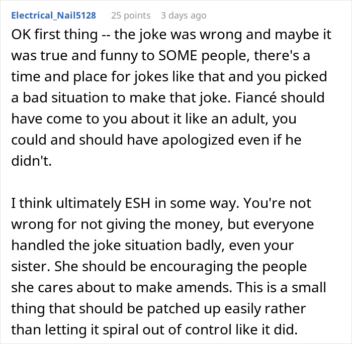 Comment discussing the brother-in-law calling the groom a discount Ryan Reynolds after refusing to lend $2K before the wedding. - 20