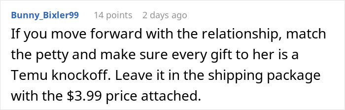 Screenshot of a Reddit comment advising to respond to a family heirloom gift with a knockoff showing the $3.99 price.
