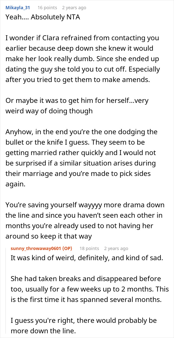 Screenshot of a Reddit conversation about a woman who begged friend to cut off guy, later set to marry him after conflict.