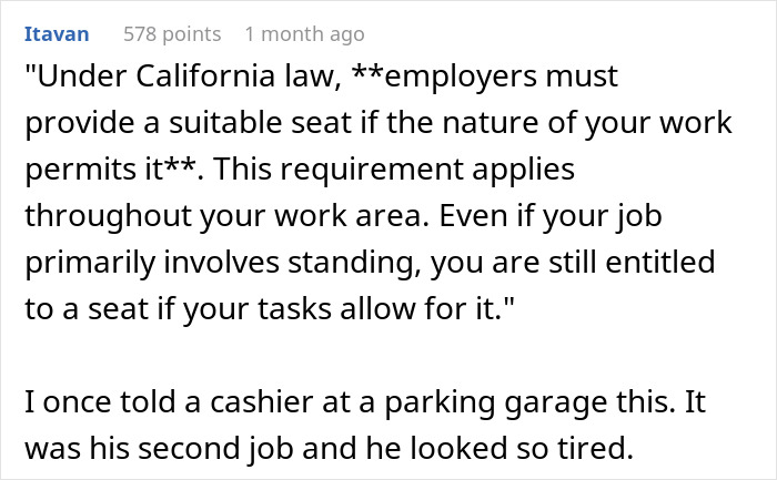 Comment explaining employers must accommodate disabled employees under California law, highlighting ableist manager issues. Comment explaining employers must accommodate disabled employees under California law, highlighting ableist manager issues.