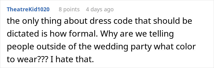 Screenshot of a comment discussing dress code frustration about the bride telling guests to wear neutrals but expecting color.