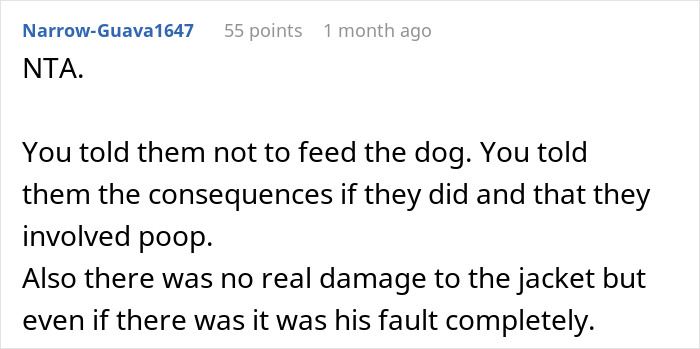 Reddit comment discussing a woman refusing to replace nephew&rsquo;s jacket ruined by dog&rsquo;s accident after ignored warnings.