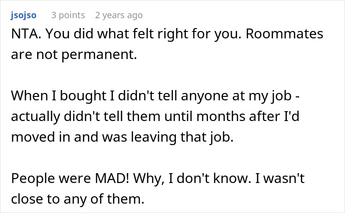 Screenshot of a forum comment discussing not telling roommate about house purchase until closed to avoid conflict.