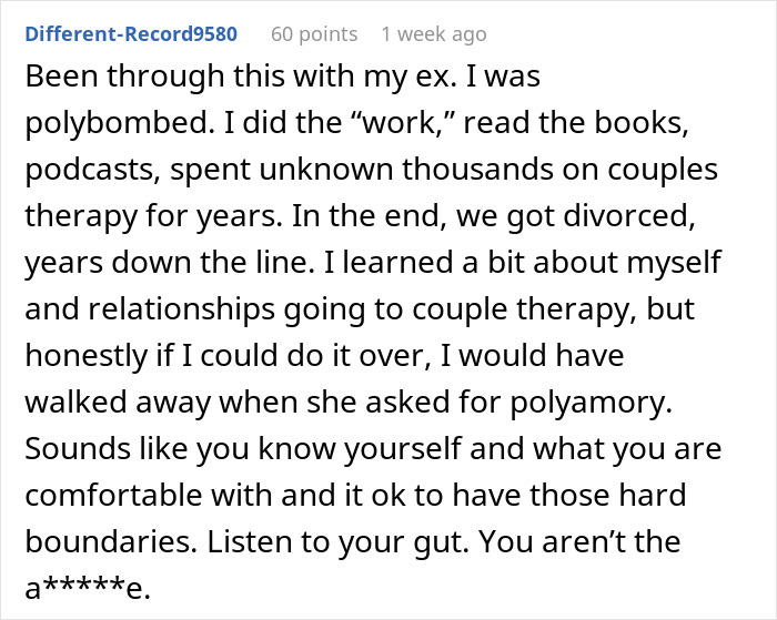 Comment discussing heartbreak and challenges faced when husband suggests trying polyamory after marriage struggles. - 34