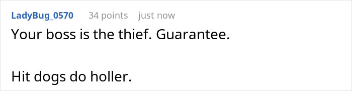 Comment section showing user LadyBug_0570 calling a boss a thief in discussion about a ruined custom baby shower cake in shared fridge.