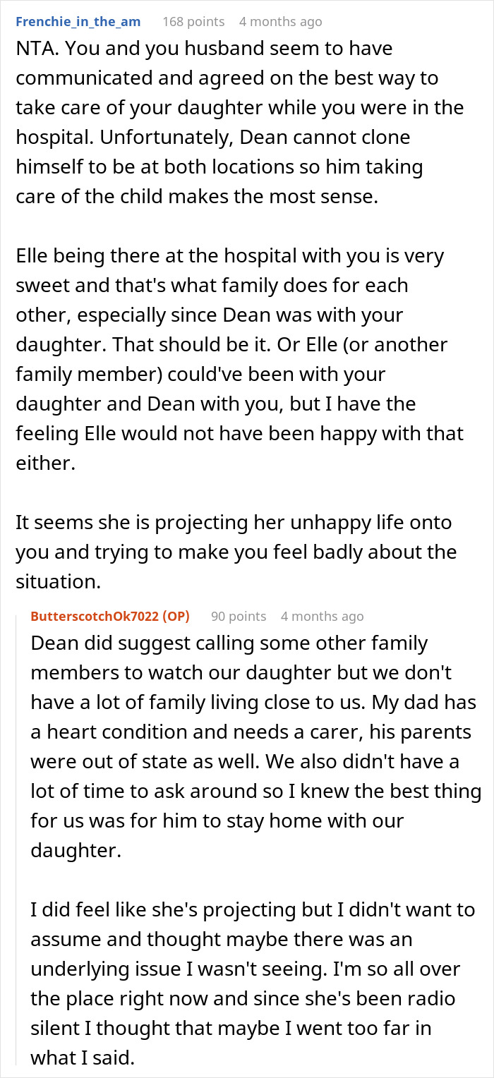 Reddit comment discussing pregnancy husband boundaries and family dynamics during hospital stay and childcare arrangements. - 31