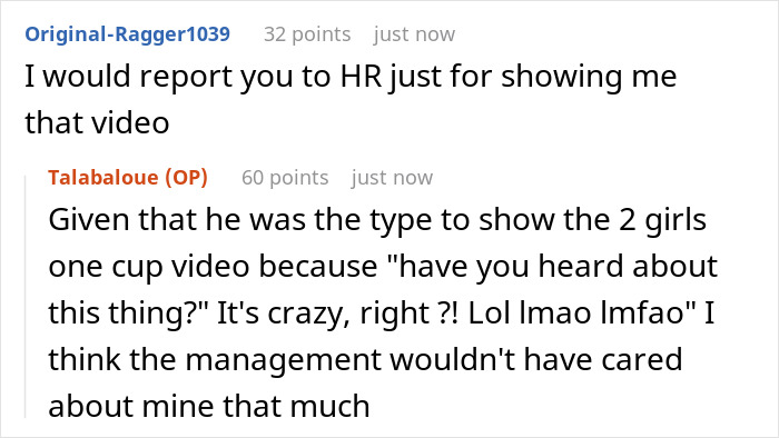 Reddit conversation showing users discussing a shocking story about adding menstrual blood to food to prevent theft. Reddit conversation showing users discussing a shocking story about adding menstrual blood to food to prevent theft.