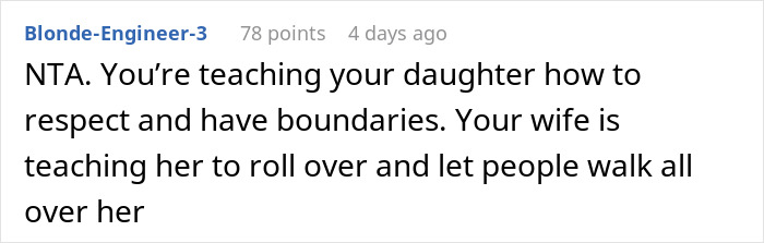 Screenshot of an online comment discussing teaching a daughter respect and boundaries after an unwanted party guest incident. Screenshot of an online comment discussing teaching a daughter respect and boundaries after an unwanted party guest incident.