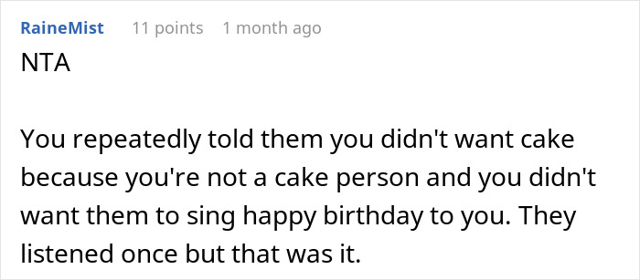 Comment from RaineMist explaining being an annoyed worker at a birthday cake event, refusing cake and singing. - 36