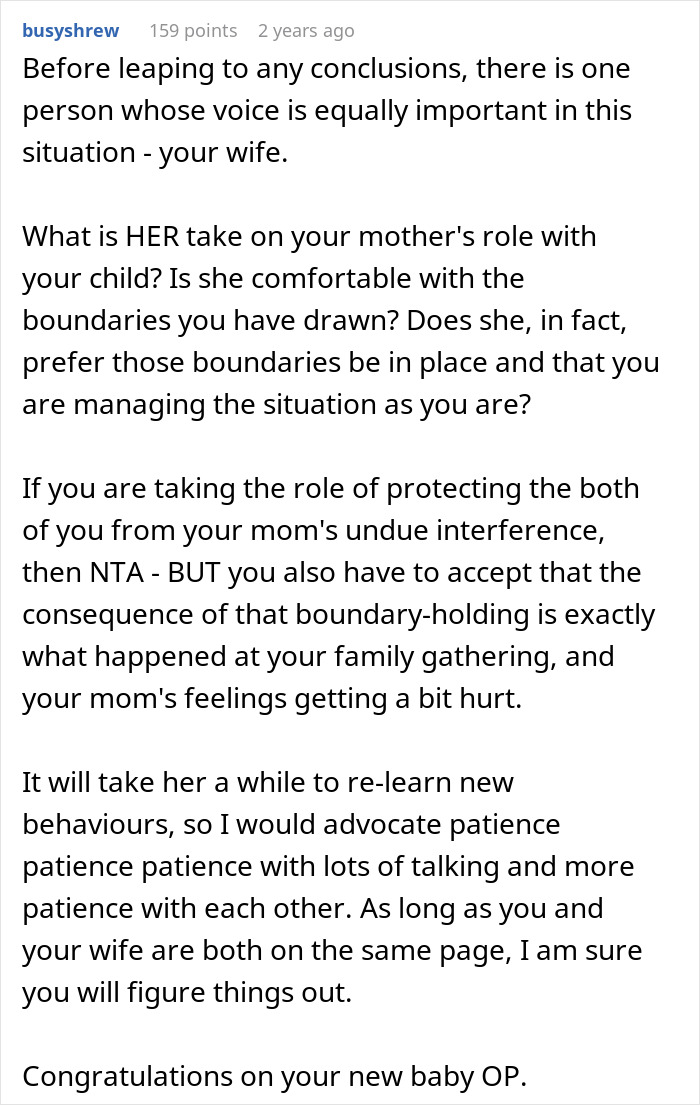 Alt text: Advice about overprotective mom and boundaries when son lets in-laws help with baby, highlighting family dynamics and patience.