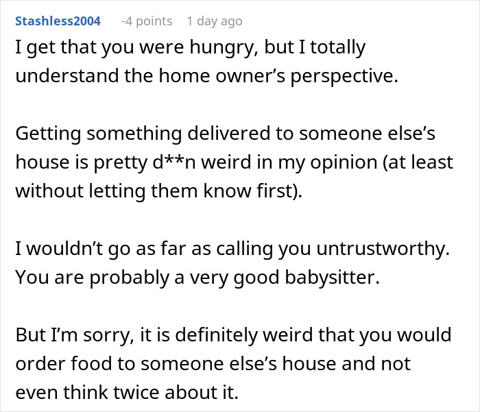 Comment discussing the overreaction to ordering DoorDash food while babysitting at someone else’s house. Comment discussing the overreaction to ordering DoorDash food while babysitting at someone else’s house.
