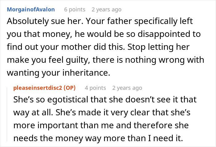 Screenshot of a Reddit conversation discussing a mother embezzling her daughter&rsquo;s $160K inheritance and gaslighting her.