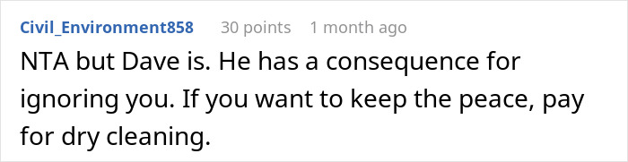 Screenshot of a user comment discussing a woman refusing to replace nephew&rsquo;s jacket ruined by dog&rsquo;s accident.