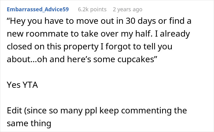 Text post about not telling roommate bought house until closed, including moving out and forgotten property news.