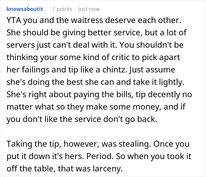 Comment discussing a man taking back his tip after waitress loudly shames him, debating service and tipping ethics.