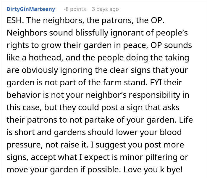 Screenshot of a Reddit comment ranting about a neighbor who won&rsquo;t move his farm stand causing theft issues.