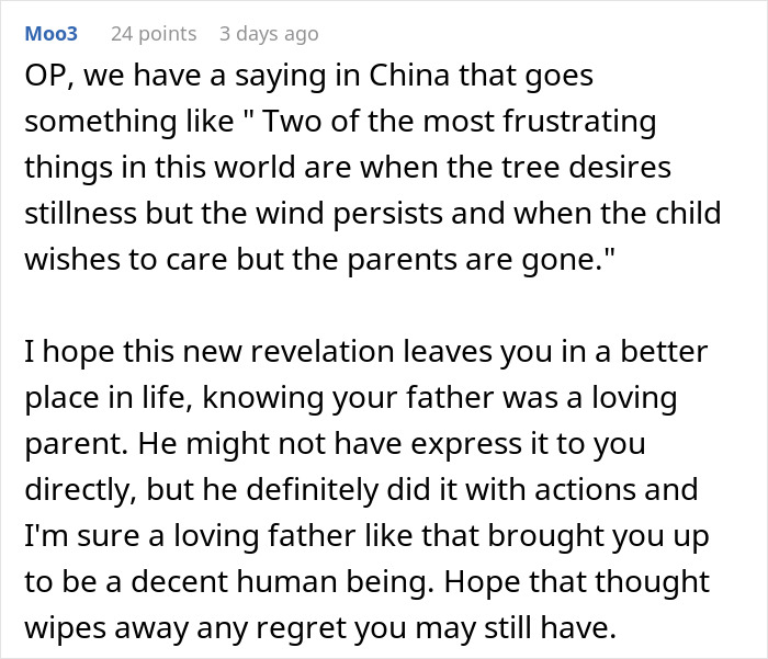 Comment discussing a revelation about a father from a storage unit left in a will and its emotional impact.
