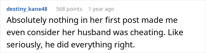Comment by destiny_kane48 expressing disbelief about husband cheating despite no signs in first post about bestie kissing her husband.