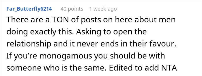 Screenshot of a forum comment discussing heartbreak over a husband suggesting polyamory after one year of marriage. - 40