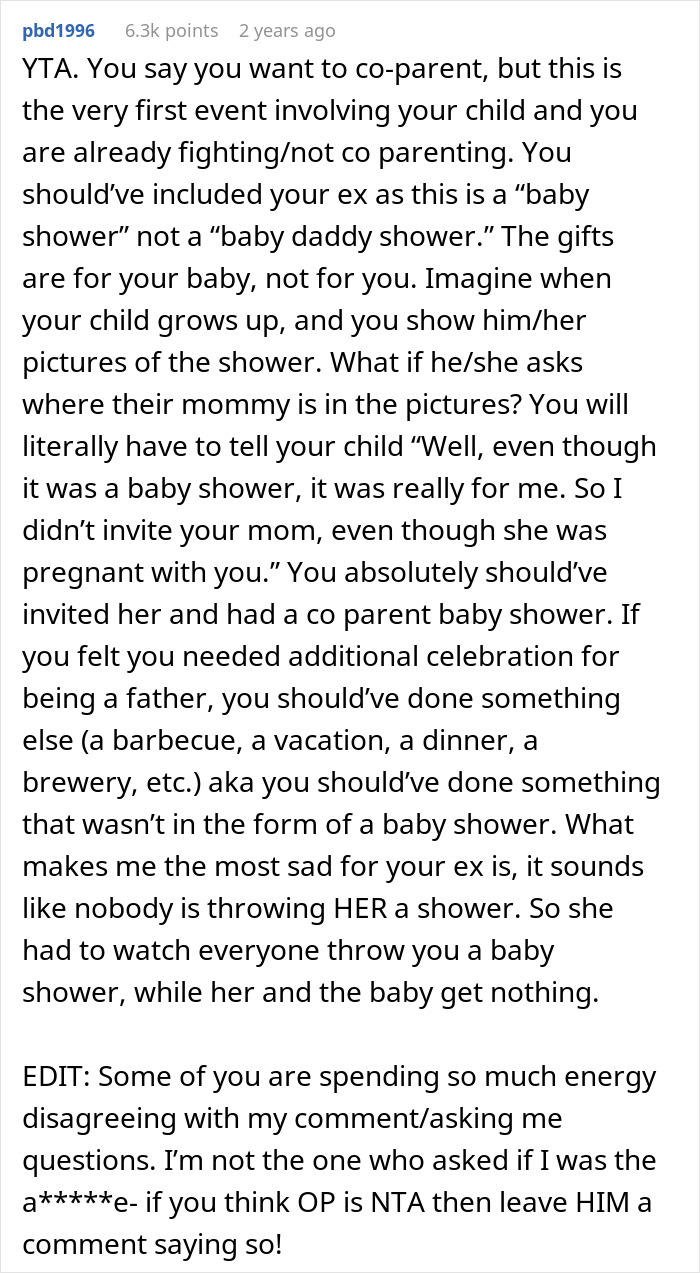 Comment criticizing man’s baby shower without including pregnant ex, highlighting co-parenting and baby shower issues. - 13