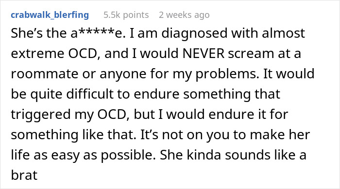 Text post discussing extreme OCD triggered by roommate&rsquo;s Jewish traditions and urging tolerance despite challenges.