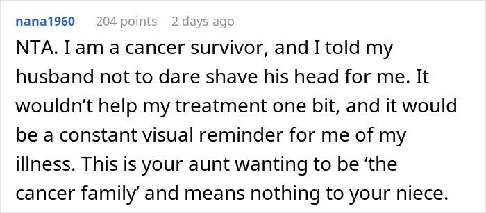 Comment from a cancer survivor explaining why shaving heads doesn&rsquo;t always support a family member with cancer.