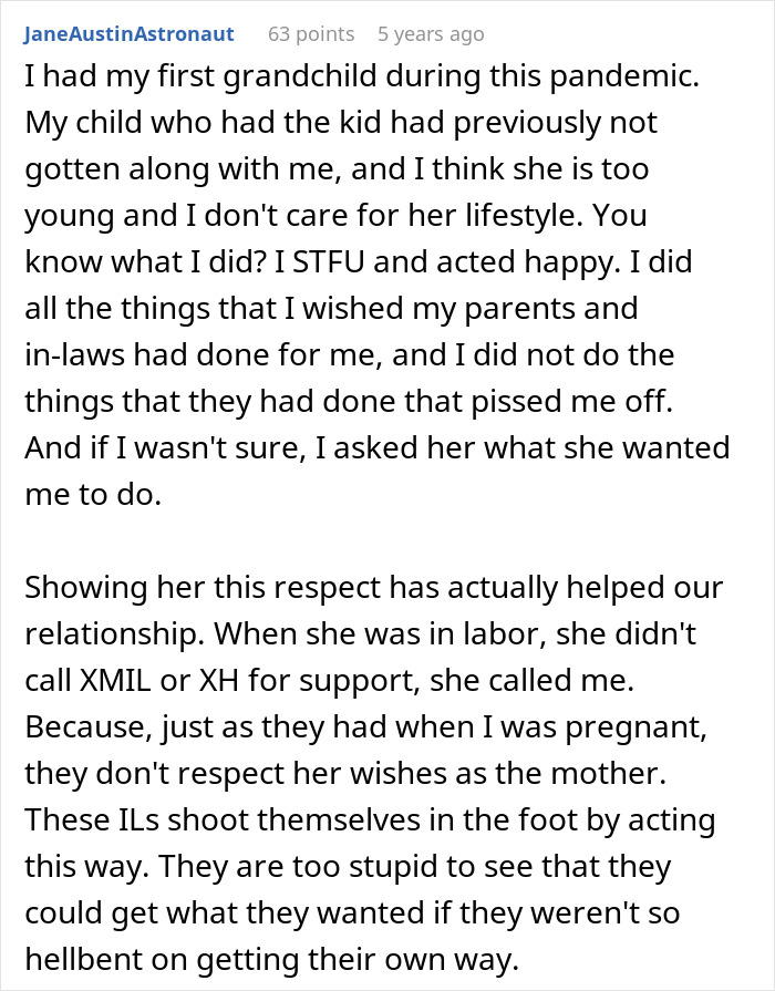 Comment discussing MIL behavior and respect issues at a gender reveal event focusing on in-laws and family dynamics.