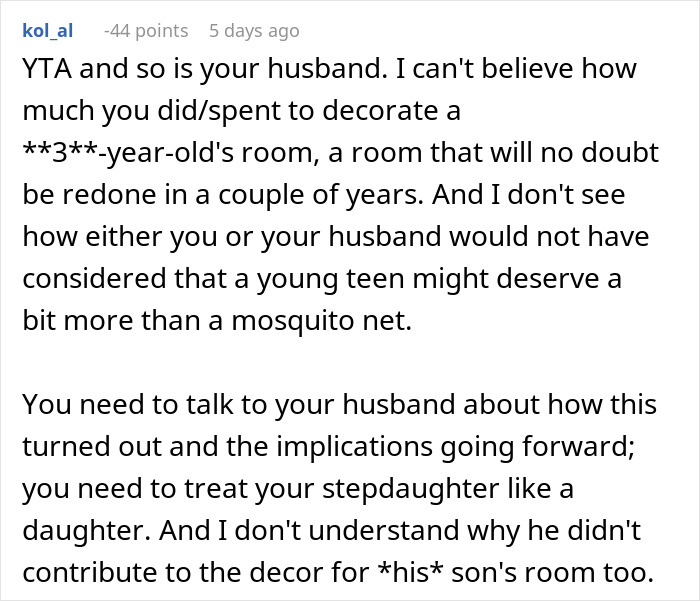 Comment discussing the effort put into decorating a son's room versus a step-daughter’s room and family dynamics. - 38