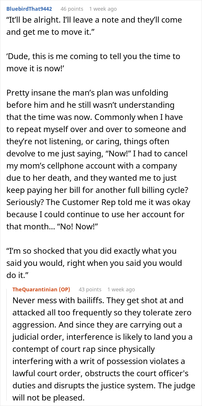 Reddit comments discussing a man not moving his car and causing issues with a property sherpa and bailiffs.