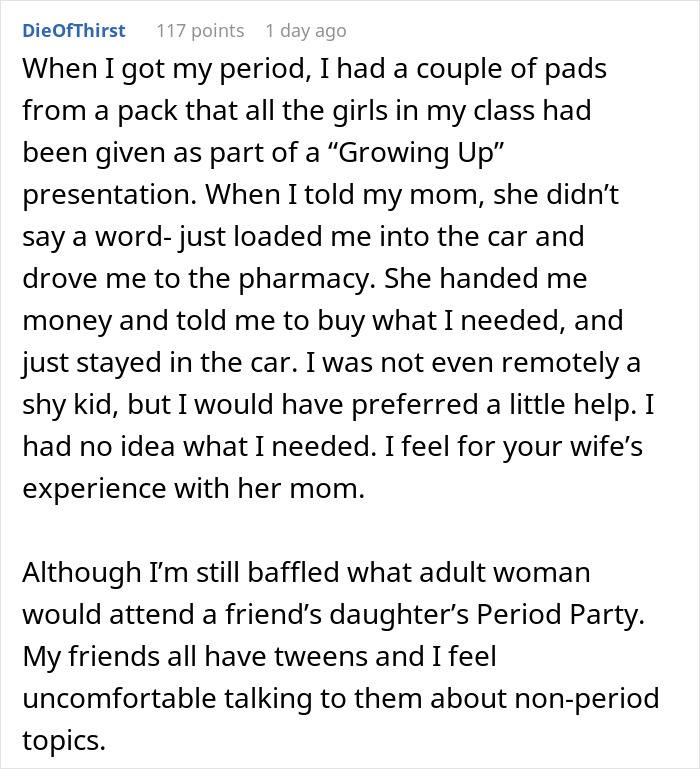 Alt text: Reddit comment discussing menstruation experience and reactions to a mom’s elaborate menstruation celebration for her daughter - 68